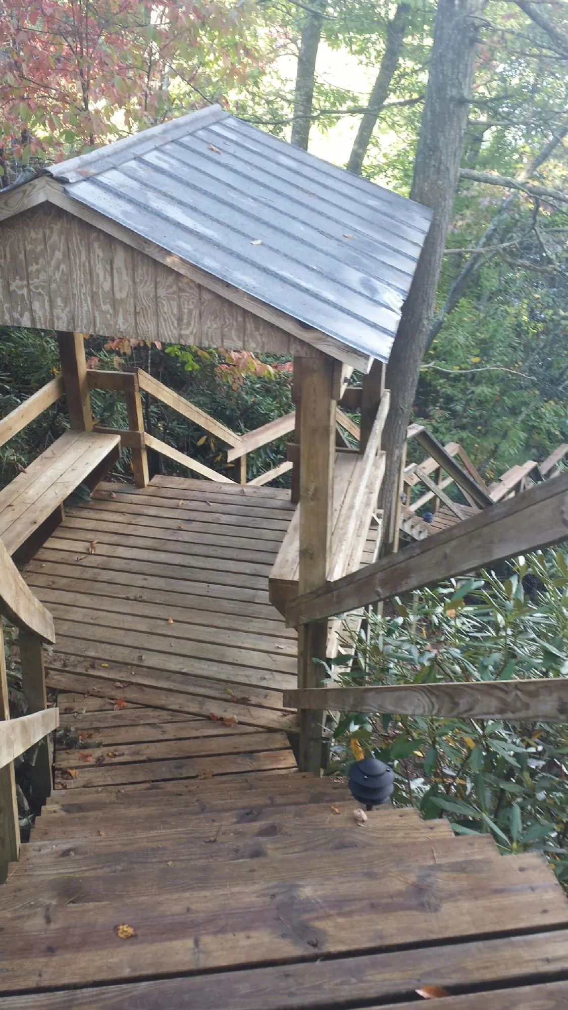 Metal roofed shelter over wooden steps on a wooded walkway — Skylight Repair & Installation work by our crew in Twin Peaks